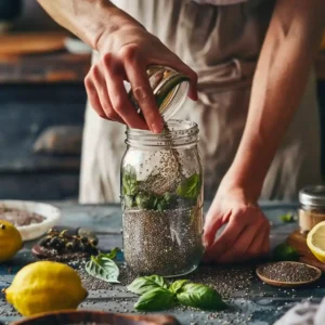 Stirring seeds into water in a mason jar during bariatric seed recipe preparation