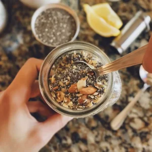 Stirring soaked bariatric seed mix with chia and flax