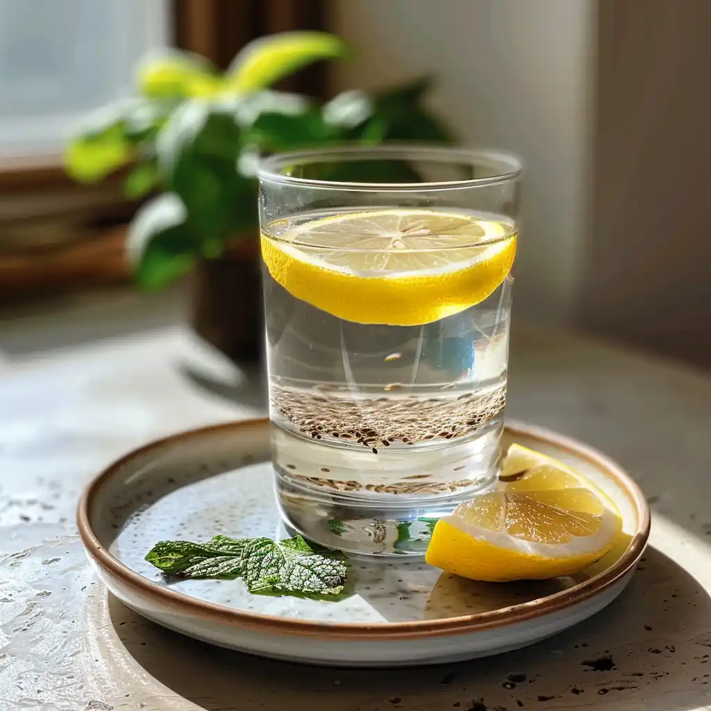 Stirring soaked bariatric seeds in a glass in morning light
