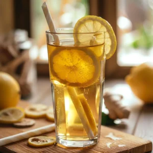 Tall glass of apple cider vinegar weight loss drink with lemon and a straw, styled for Pinterest