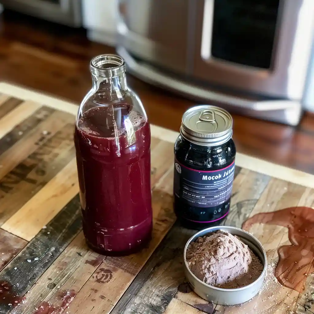 Tart cherry juice, magnesium powder, and sparkling water arranged on a kitchen counter