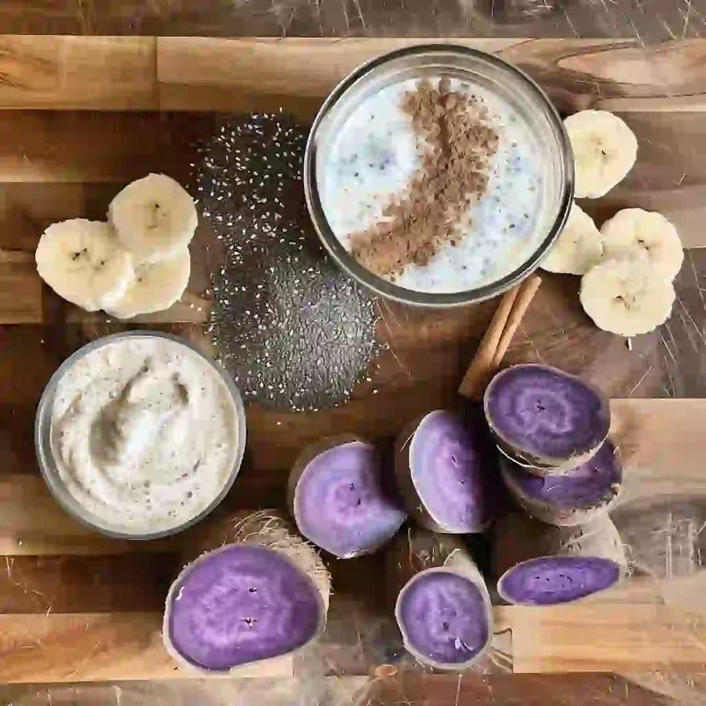 Ube smoothie bowl ingredients laid out on wooden countertop