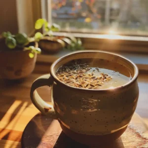 Warm bariatric seed tea in a handmade ceramic mug with floating cumin, fennel, and basil seeds
