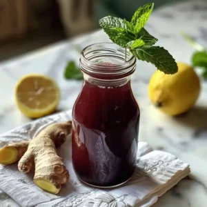 Warm prune juice in a ceramic cup with mint and lemon on a saucer