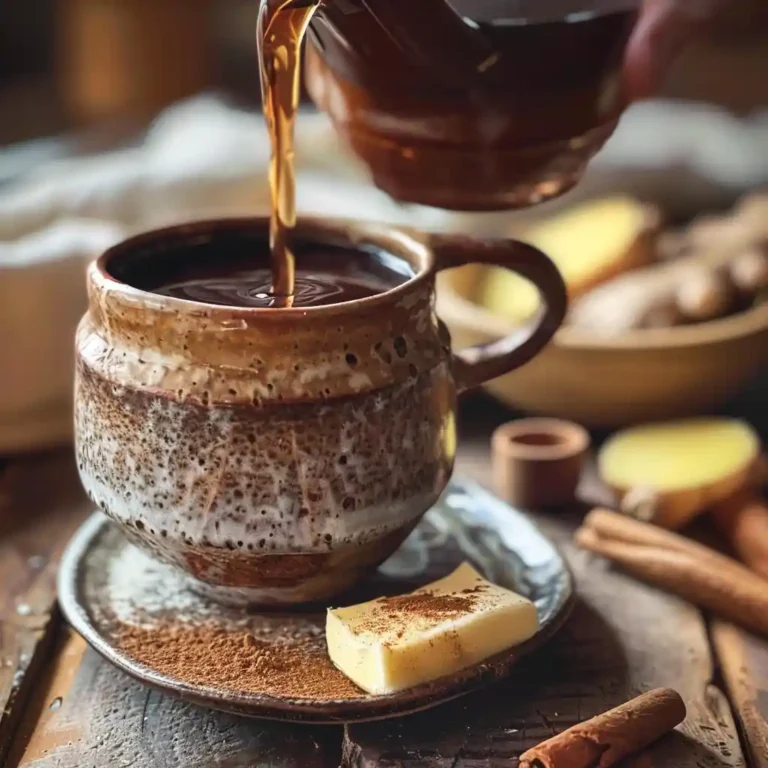 Warm prune juice with cinnamon and ginger served in a ceramic mug