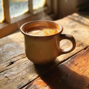 Warm prune juice with melted butter in a cozy ceramic mug on a rustic table