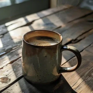 Warm prune juice with butter in a cozy mug on a wooden table