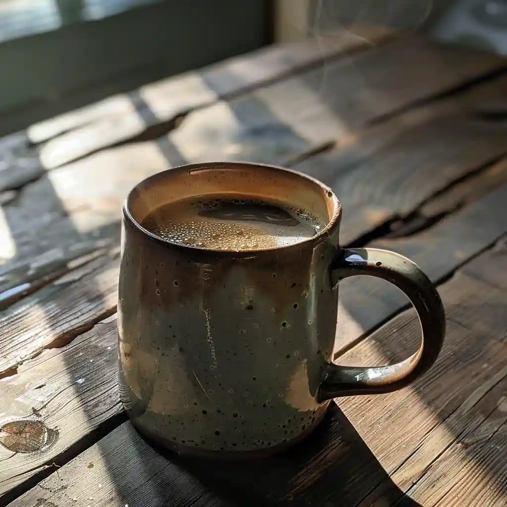 Warm prune juice with butter in a cozy mug on a wooden table