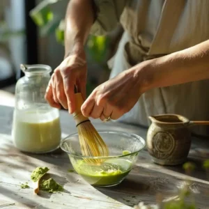 Whisking matcha powder with hot water in a glass bowl