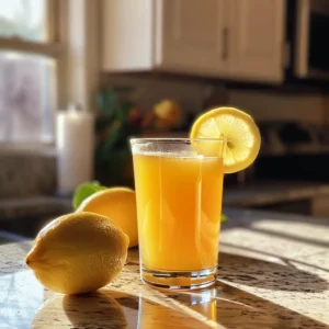 Zepbound natural drink in a clear glass, sunlit on a wooden kitchen counter