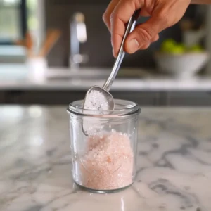Adding Himalayan pink salt to a glass jar of water for sole water recipe