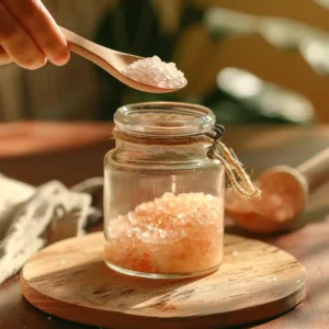 Adding Himalayan pink salt into water in a jar for making sole water