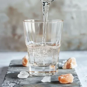 Adding Himalayan pink salt to warm filtered water in preparation for the salt and ice trick