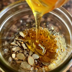 Adding lemon juice and honey to the jar of chia and flax seeds