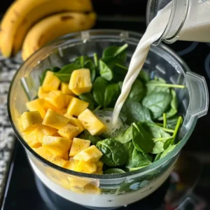 Adding pineapple, mango, and banana to blender for detox island green smoothie