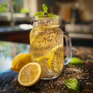 Bariatric seed drink in mason jar with visible hydrated chia, flax, and basil seeds