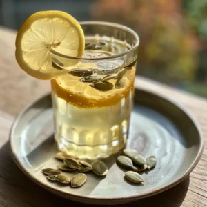 Bariatric seed drink in a clear glass jar with chia and flax seeds in lemon-infused water