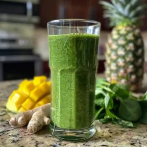 Detox island green smoothie served in a clear glass with straw on breakfast table