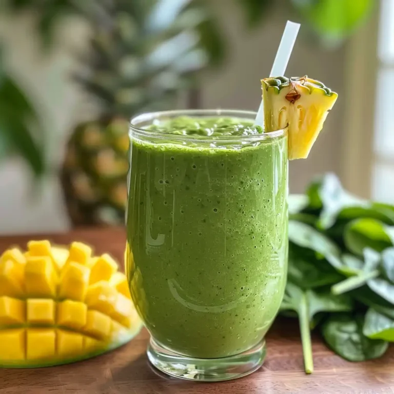 Detox island green smoothie in a tall glass with bright green color on a kitchen counter