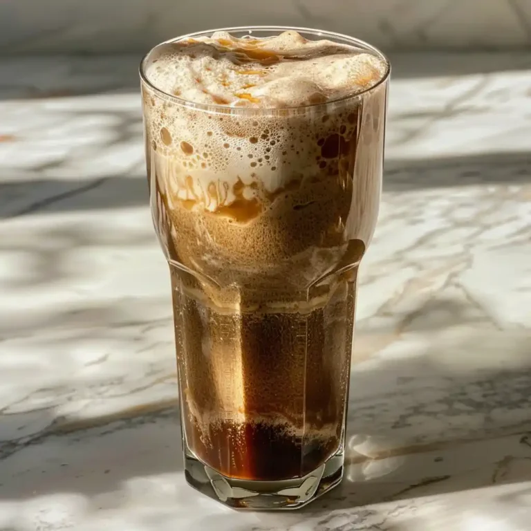 Dirty protein soda in a glass with vanilla protein powder, Diet Coke, and coconut syrup