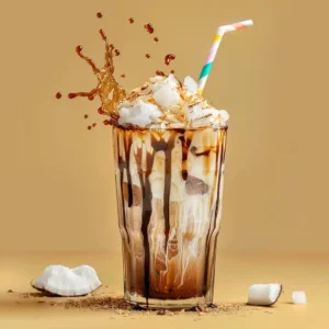 Dirty protein soda served with ice cubes and coconut syrup