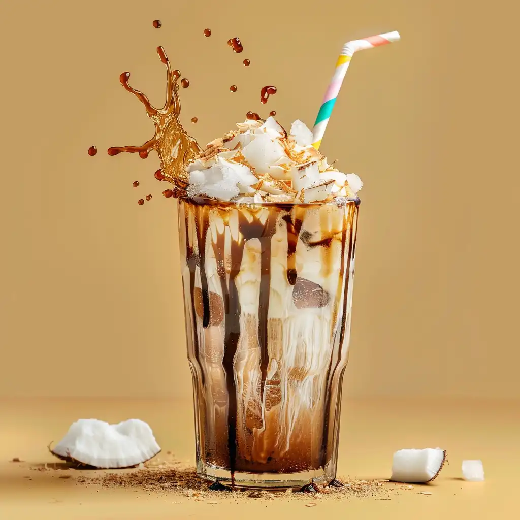 Dirty protein soda served with ice cubes and coconut syrup