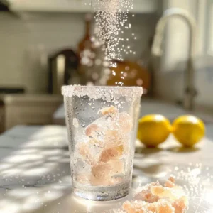Filling glass with ice cubes and water for pink salt drink