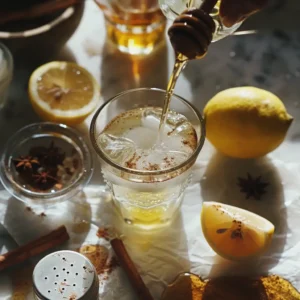 Final stir of Ice Hack Drink with cinnamon swirling in the cold water