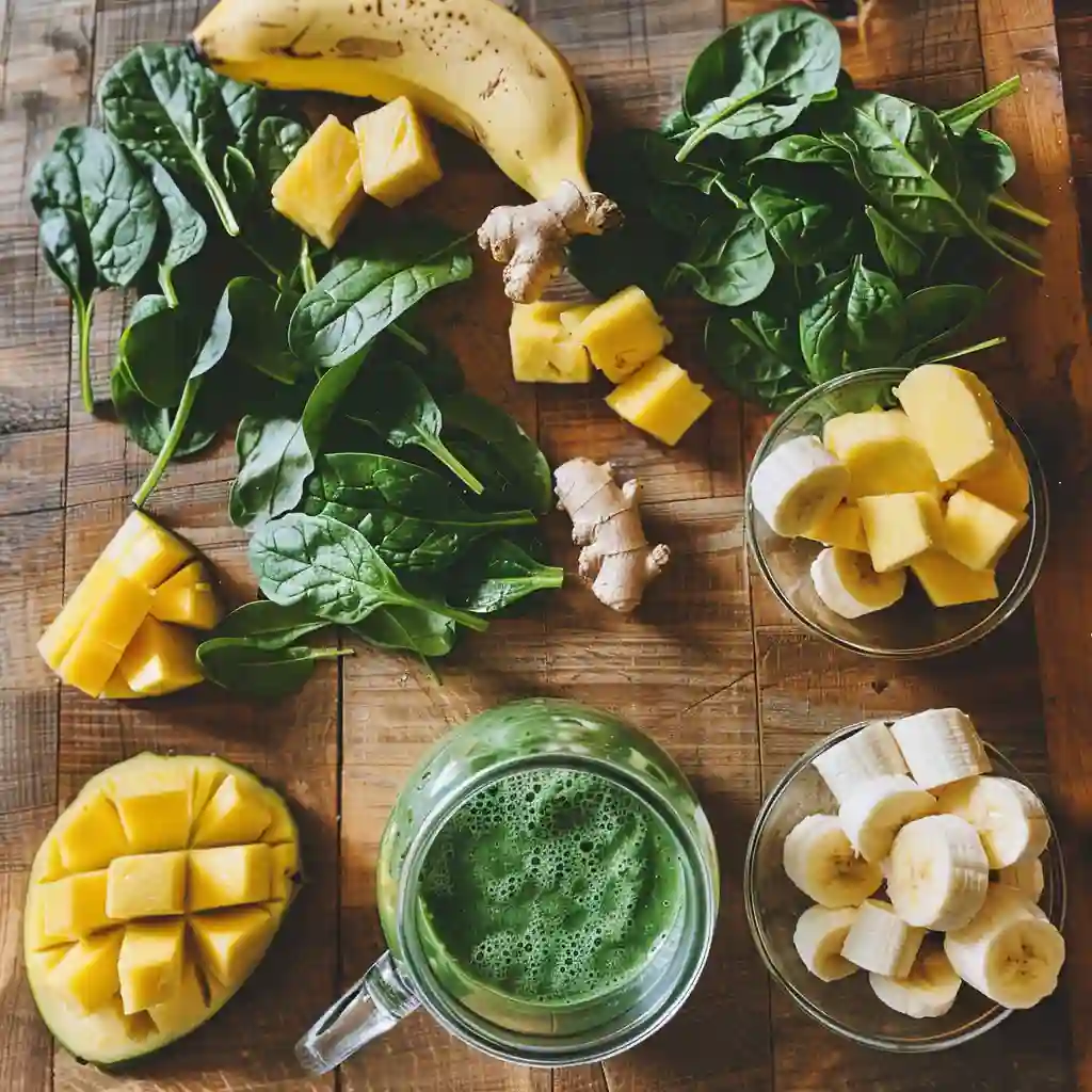 Fresh ingredients for detox island green smoothie laid out on wooden counter