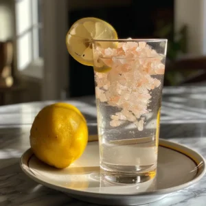 Himalayan pink salt and ice water in clear glass with lemon – a mineral-rich hydration drink