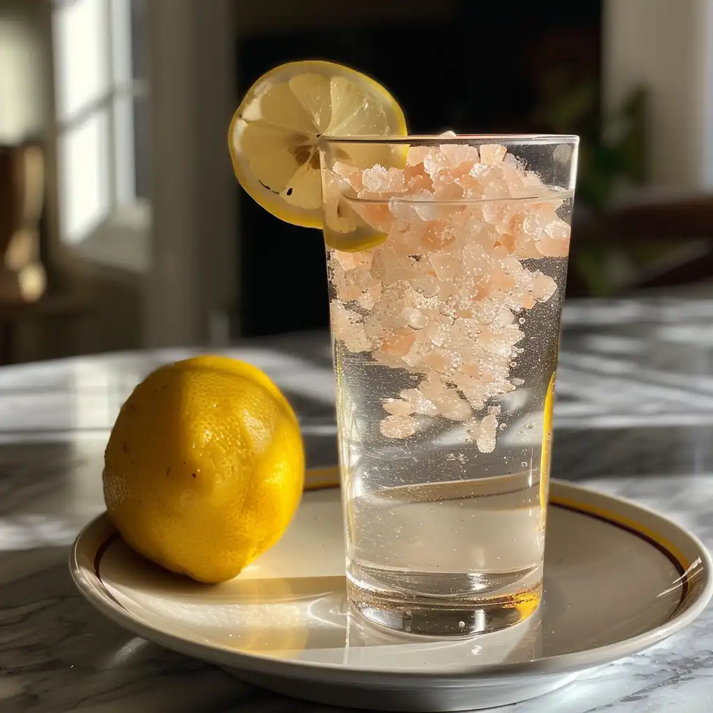 Himalayan pink salt and ice water in clear glass with lemon – a mineral-rich hydration drink