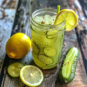Homemade pickle lemonade popeyes in mason jar with ice, lemon slices, and pickle spears on rustic wood