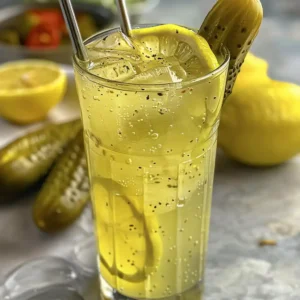 Homemade Popeyes Pickle Lemonade in a glass with ice, lemon slices, and pickle spear