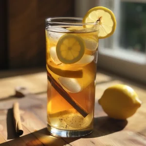 Ice Hack Drink in a tall glass with ice cubes, lemon slices, apple cider vinegar, honey, and cinnamon