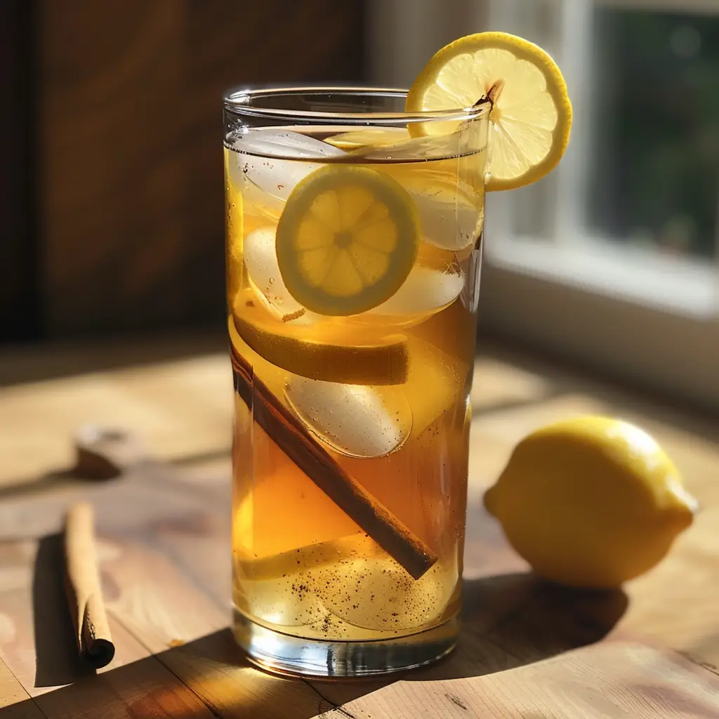 Ice Hack Drink in a tall glass with ice cubes, lemon slices, apple cider vinegar, honey, and cinnamon