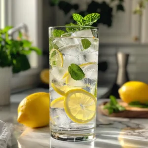 Ice water with lemon and mint served in a clear tall glass