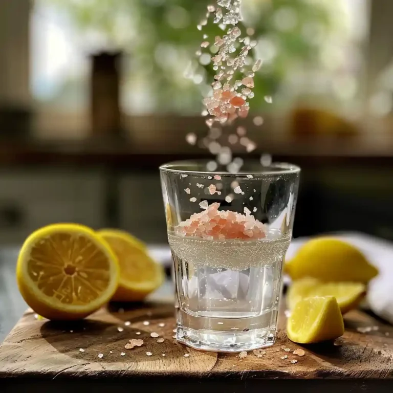 Salt and Ice Trick drink in a clear glass with ice and lemon wedge, pink salt on rim – a mindful hydration ritual