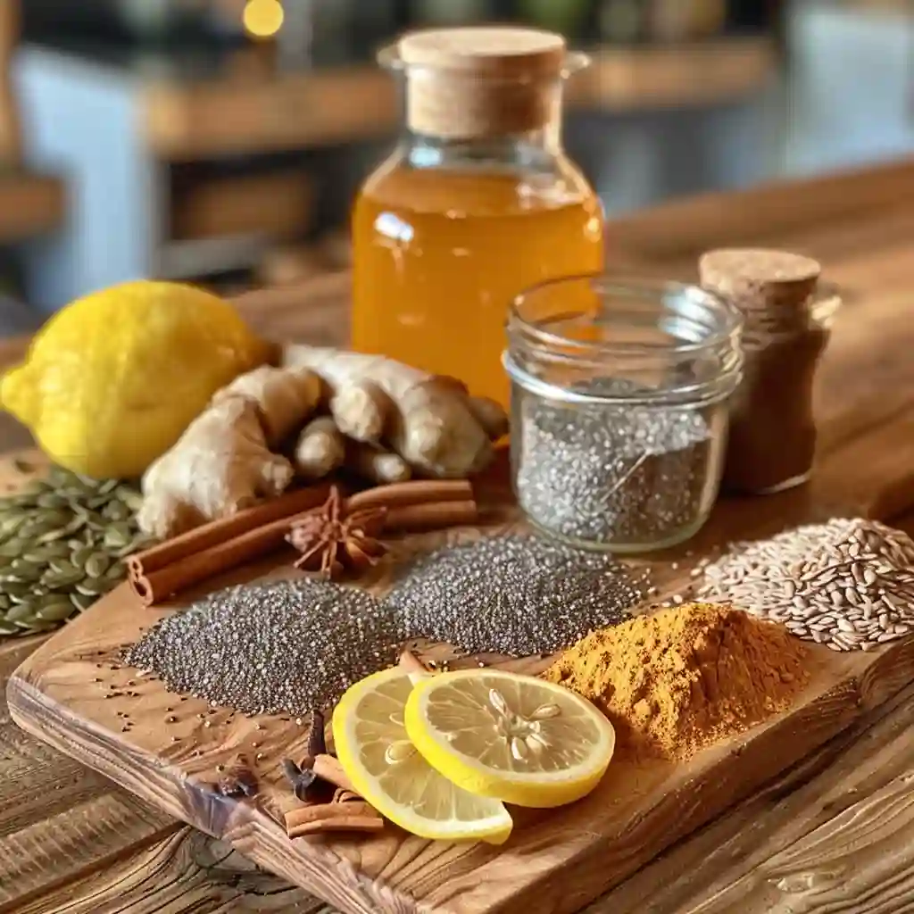 Ingredients for bariatric seed drink on wooden counter – chia, flax, lemon, honey