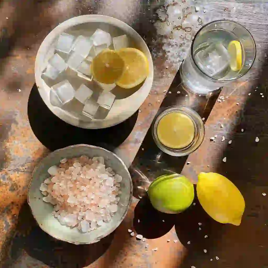 Ingredients forpink salt and ice recipe on rustic kitchen counter