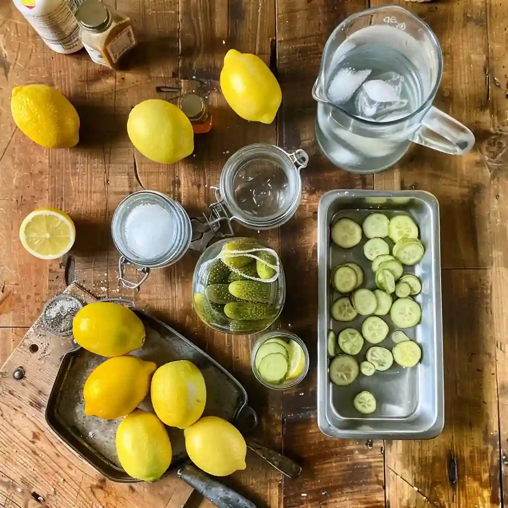 Ingredients for Popeyes Pickle Lemonade on a wooden counter