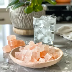 Ingredients for the salt and ice trick recipe – pink Himalayan salt, ice cubes, and cold filtered water