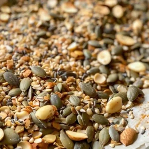 Measured seeds and spices for bariatric seed diet on wooden board