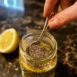 Measuring chia, flax, and basil seeds over glass jar