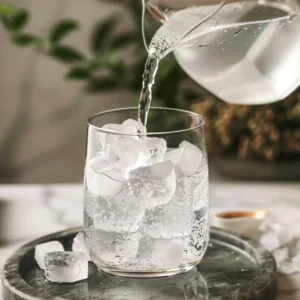 Pouring cold water into the ice and salt mix – third step of the salt and ice trick recipe