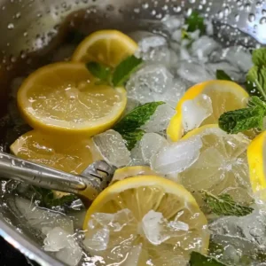 Pouring cold water over ice and lemon slices in glass