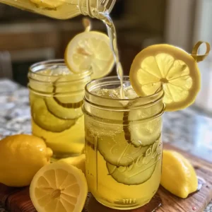 Pouring finished pickle lemonade popeyes over ice in mason jars with garnish