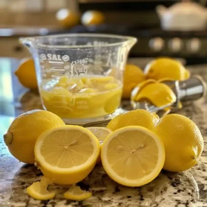 Pouring lemon juice and pickle brine into pitcher for pickle lemonade popeyes