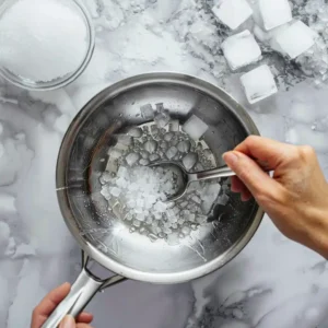 Pouring warm water into a glass in preparation for the salt and ice trick
