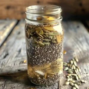 Pouring water over chia and flax seeds in a glass jar for bariatric seed drink