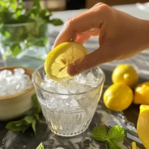 Pouring water over ice and lemon in glass for weight loss drink